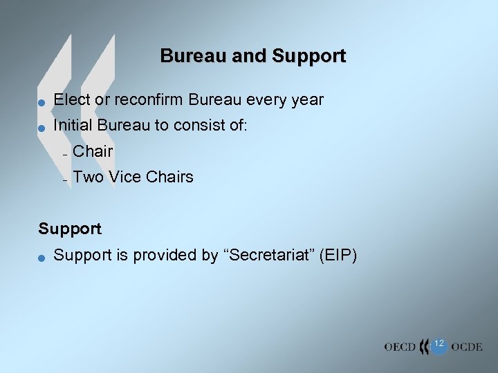 Bureau and Support n Elect or reconfirm Bureau every year n Initial Bureau to