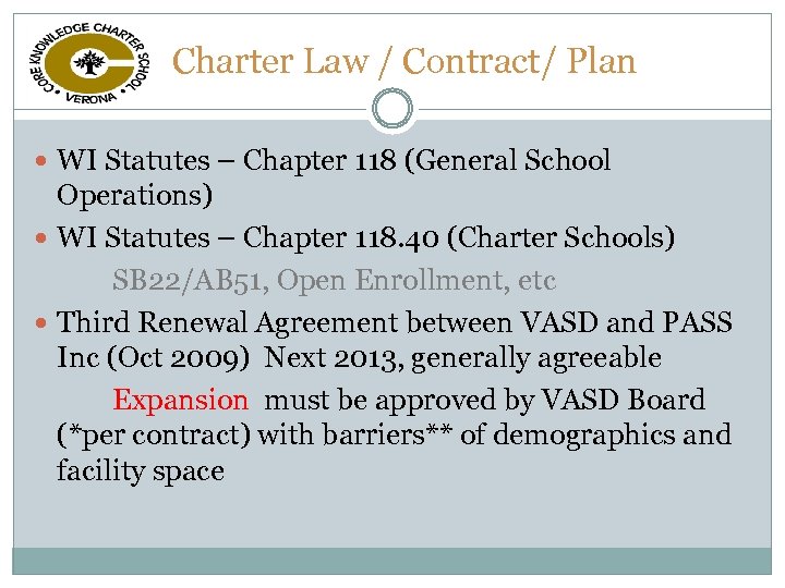 Charter Law / Contract/ Plan WI Statutes – Chapter 118 (General School Operations) WI