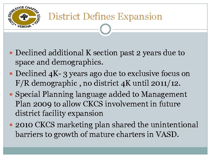 District Defines Expansion Declined additional K section past 2 years due to space and
