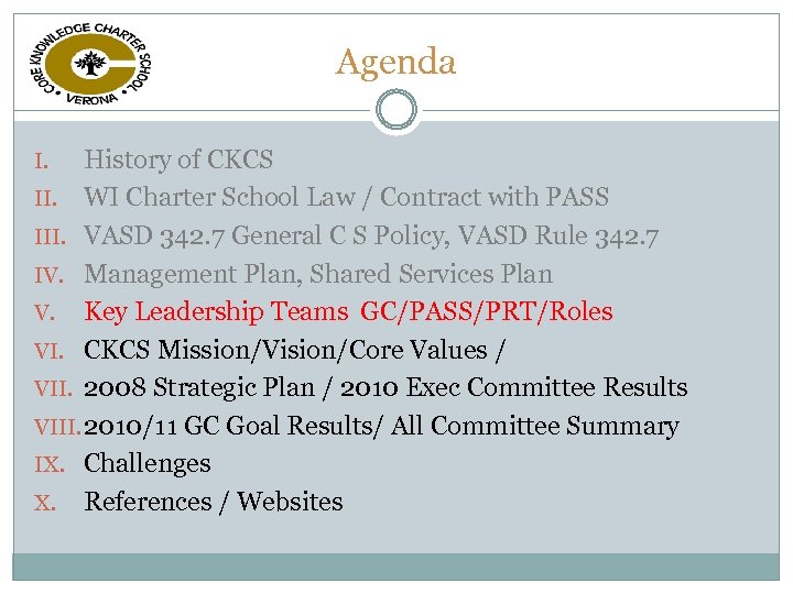 Agenda History of CKCS II. WI Charter School Law / Contract with PASS III.