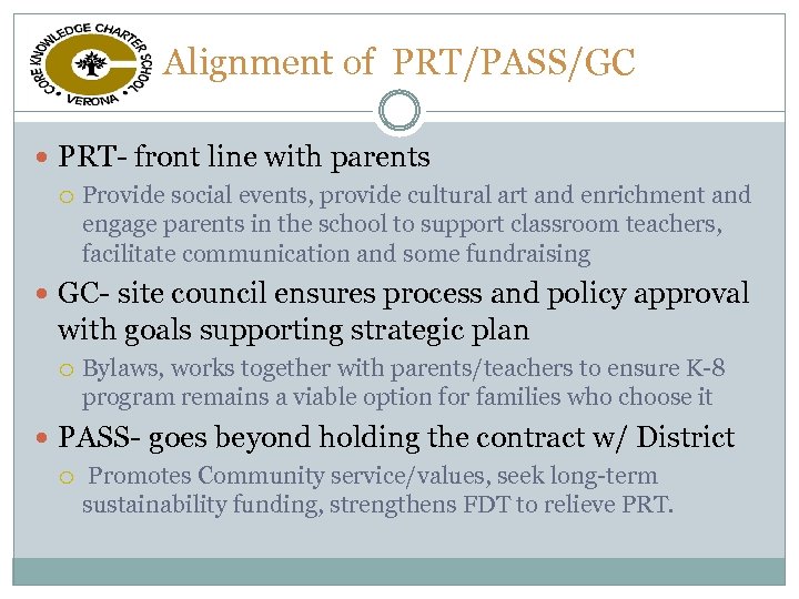 Alignment of PRT/PASS/GC PRT- front line with parents Provide social events, provide cultural art