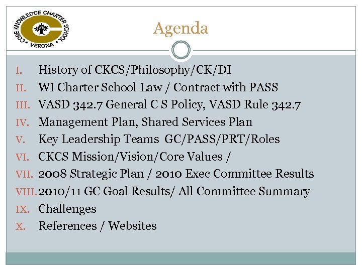 Agenda History of CKCS/Philosophy/CK/DI II. WI Charter School Law / Contract with PASS III.