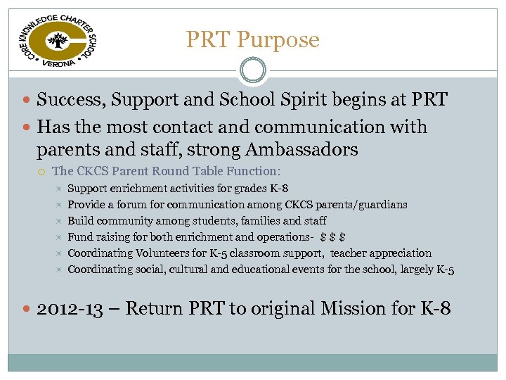PRT Purpose Success, Support and School Spirit begins at PRT Has the most contact