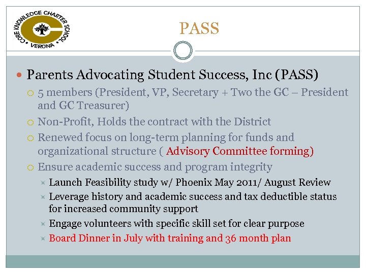PASS Parents Advocating Student Success, Inc (PASS) 5 members (President, VP, Secretary + Two