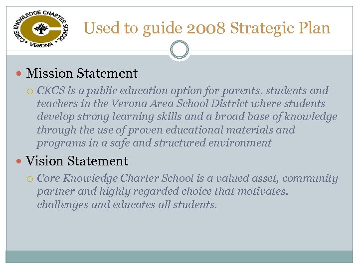 Used to guide 2008 Strategic Plan Mission Statement CKCS is a public education option