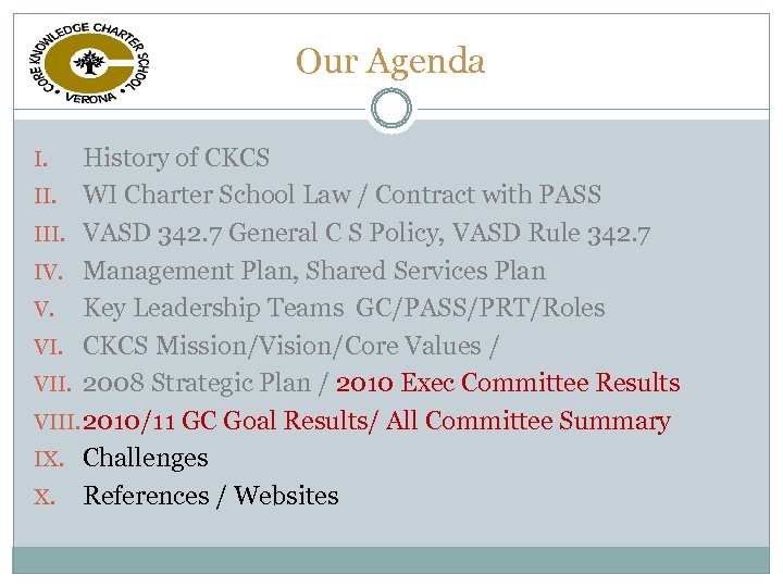 Our Agenda History of CKCS II. WI Charter School Law / Contract with PASS