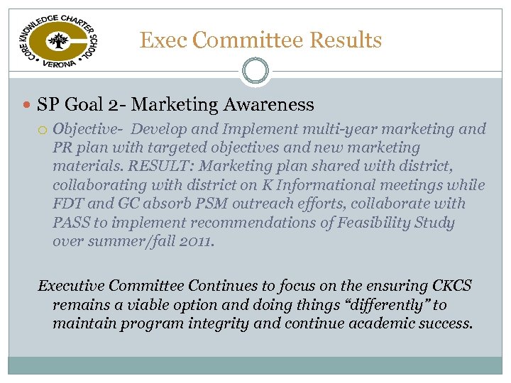 Exec Committee Results SP Goal 2 - Marketing Awareness Objective- Develop and Implement multi-year