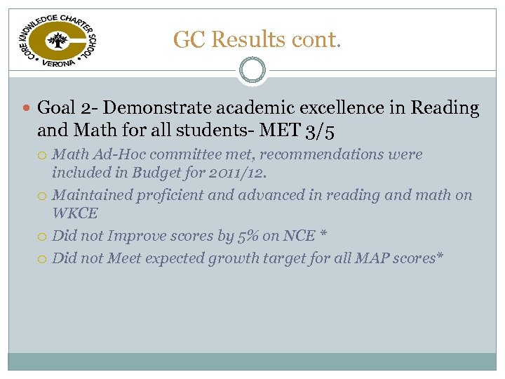 GC Results cont. Goal 2 - Demonstrate academic excellence in Reading and Math for