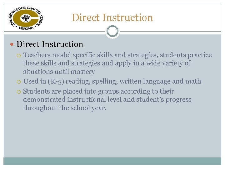 Direct Instruction Teachers model specific skills and strategies, students practice these skills and strategies