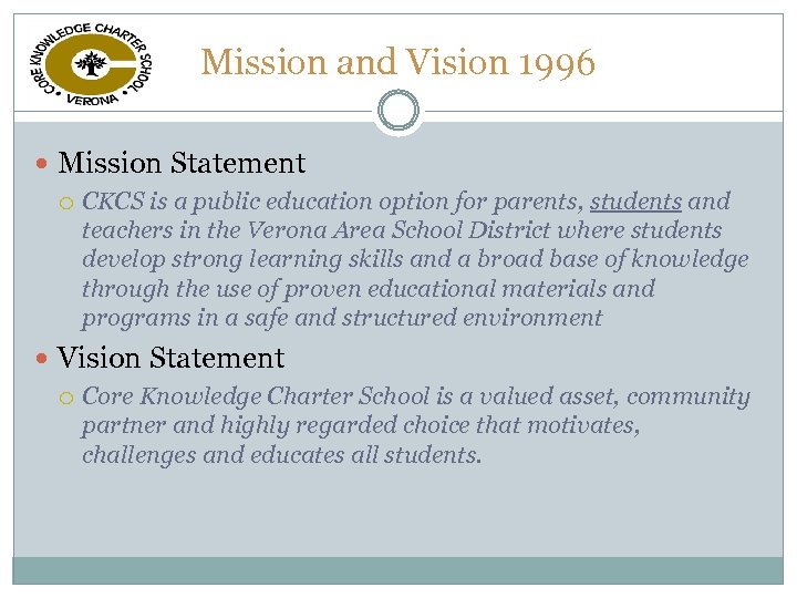 Mission and Vision 1996 Mission Statement CKCS is a public education option for parents,