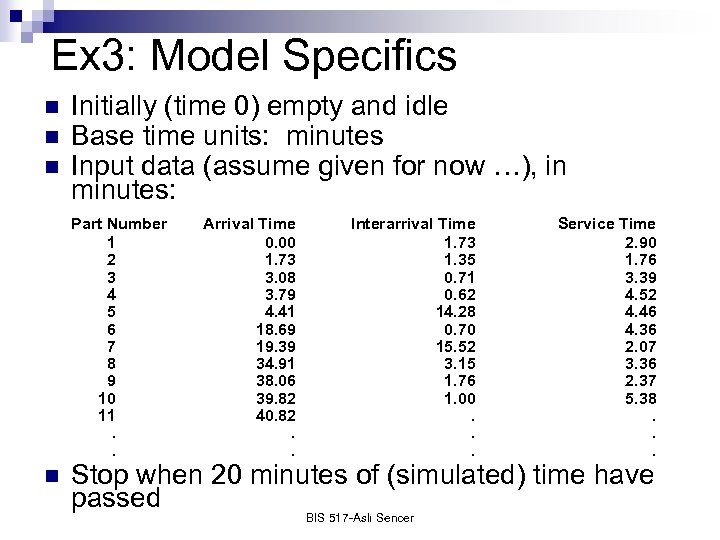 Ex 3: Model Specifics n n n Initially (time 0) empty and idle Base