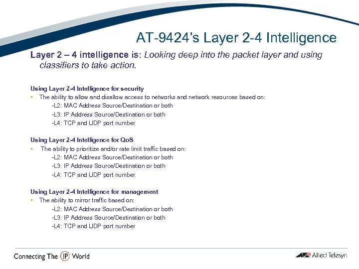 AT-9424’s Layer 2 -4 Intelligence Layer 2 – 4 intelligence is: Looking deep into