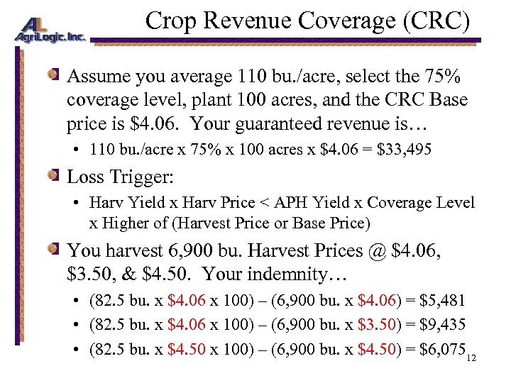 Crop Revenue Coverage (CRC) Assume you average 110 bu. /acre, select the 75% coverage