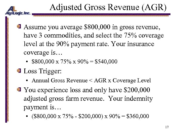 Adjusted Gross Revenue (AGR) Assume you average $800, 000 in gross revenue, have 3