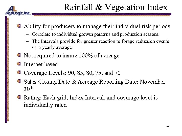 Rainfall & Vegetation Index Ability for producers to manage their individual risk periods –