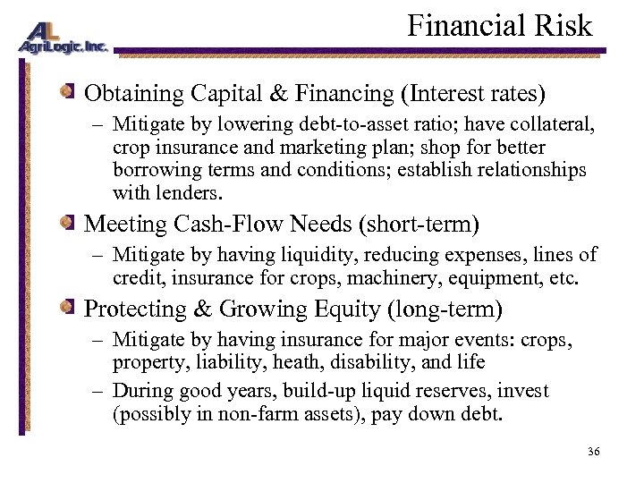 Financial Risk Obtaining Capital & Financing (Interest rates) – Mitigate by lowering debt-to-asset ratio;