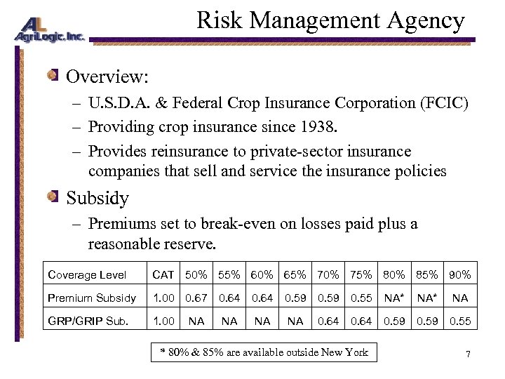 Risk Management Agency Overview: – U. S. D. A. & Federal Crop Insurance Corporation