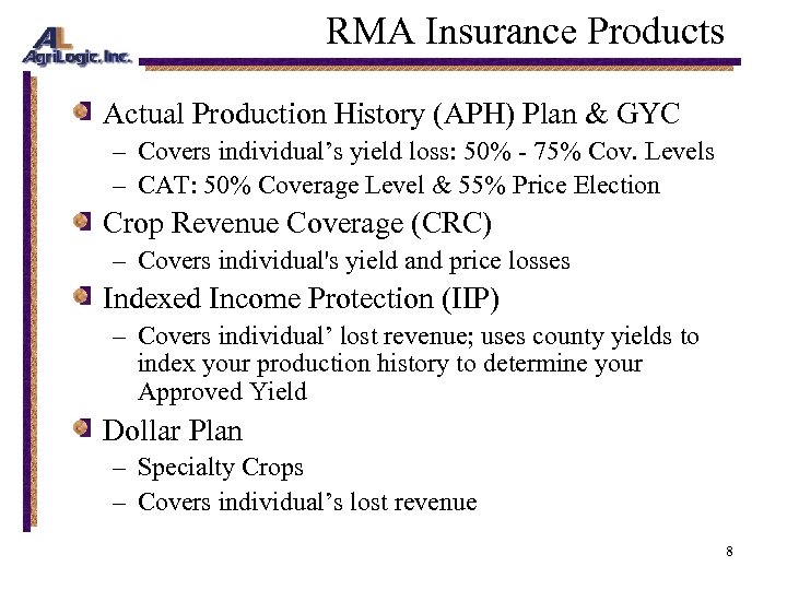 RMA Insurance Products Actual Production History (APH) Plan & GYC – Covers individual’s yield