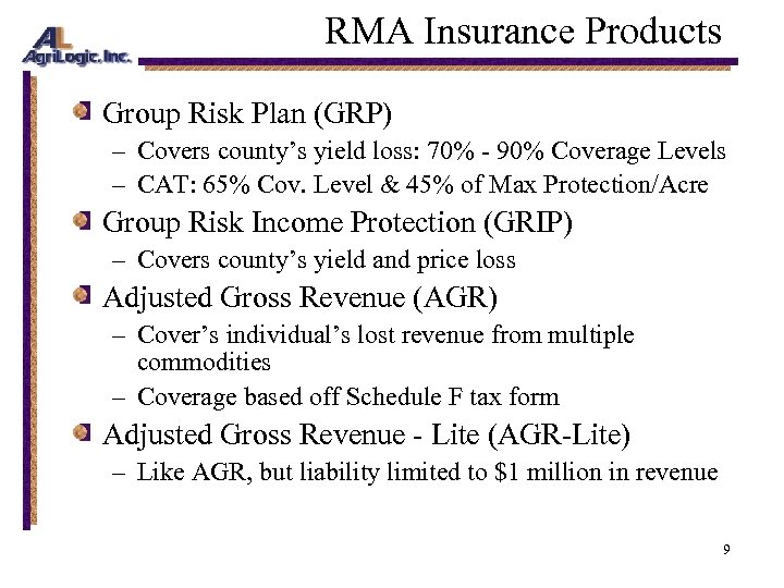 RMA Insurance Products Group Risk Plan (GRP) – Covers county’s yield loss: 70% -