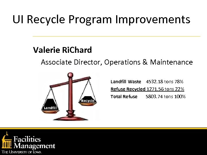 UI Recycle Program Improvements Valerie Ri. Chard Associate Director, Operations & Maintenance Landfill Waste