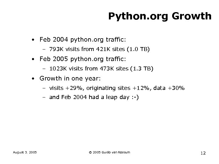 Python. org Growth • Feb 2004 python. org traffic: – 793 K visits from