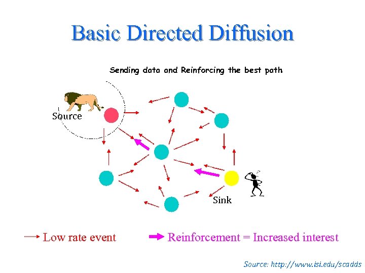 Basic Directed Diffusion Sending data and Reinforcing the best path Source Sink Low rate