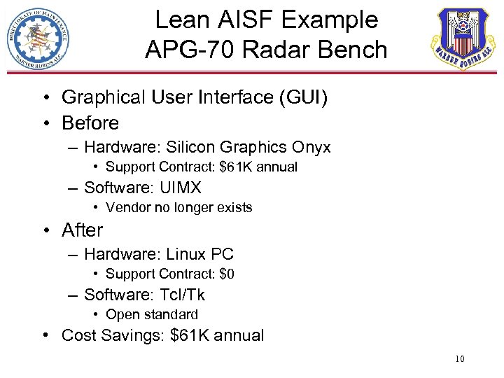 Lean AISF Example APG-70 Radar Bench • Graphical User Interface (GUI) • Before –