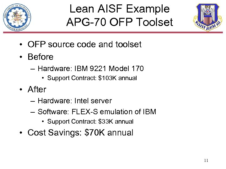 Lean AISF Example APG-70 OFP Toolset • OFP source code and toolset • Before