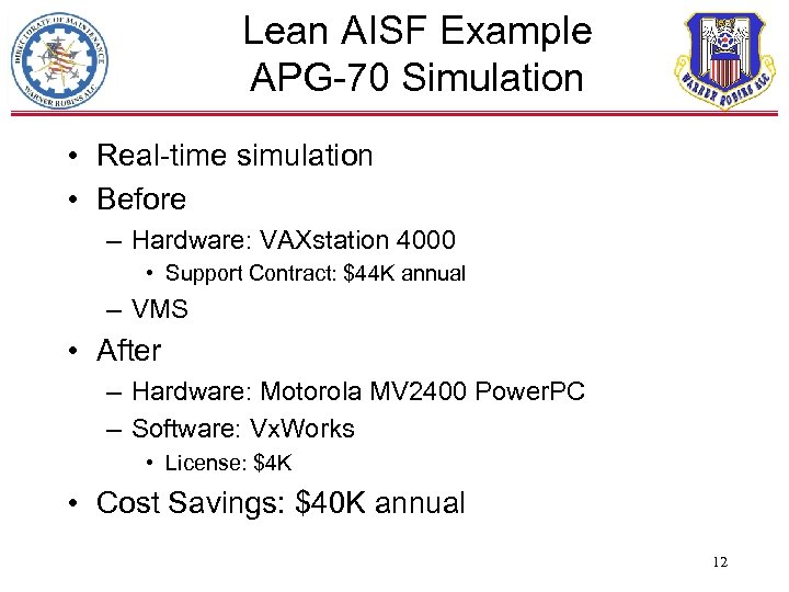 Lean AISF Example APG-70 Simulation • Real-time simulation • Before – Hardware: VAXstation 4000