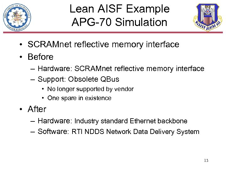 Lean AISF Example APG-70 Simulation • SCRAMnet reflective memory interface • Before – Hardware: