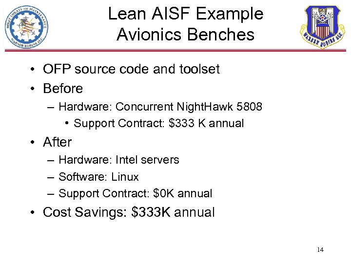 Lean AISF Example Avionics Benches • OFP source code and toolset • Before –