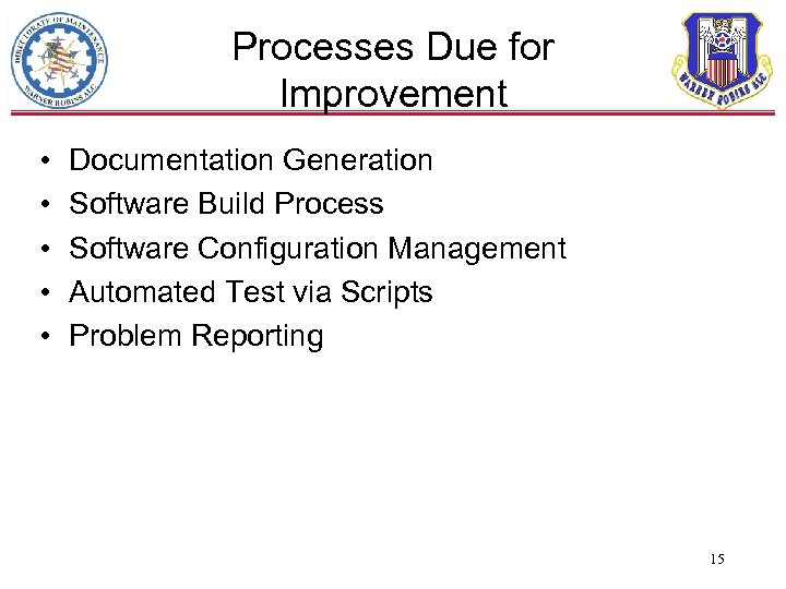 Processes Due for Improvement • • • Documentation Generation Software Build Process Software Configuration