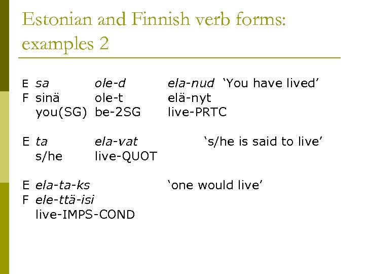 Estonian and Finnish verb forms: examples 2 sa ole-d F sinä ole-t you(SG) be-2