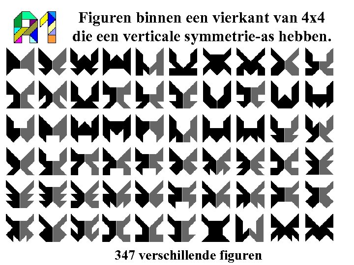 Figuren binnen een vierkant van 4 x 4 die een verticale symmetrie-as hebben. 347