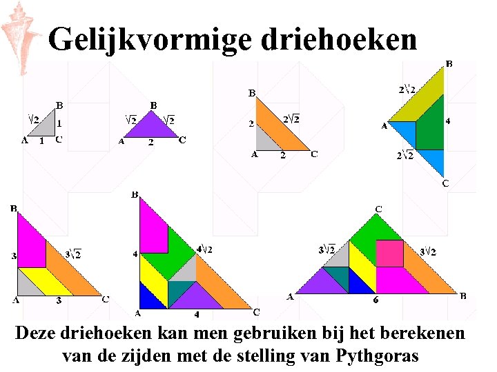 Gelijkvormige driehoeken Deze driehoeken kan men gebruiken bij het berekenen van de zijden met