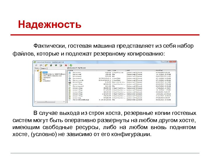 Надежность Фактически, гостевая машина представляет из себя набор файлов, которые и подлежат резервному копированию: