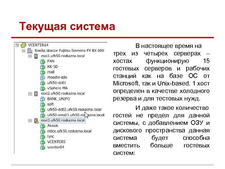 Текущая система В настоящее время на трех из четырех серверах – хостах функционирую 15