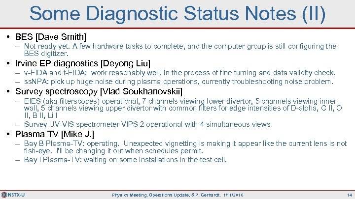 Some Diagnostic Status Notes (II) • BES [Dave Smith] – Not ready yet. A
