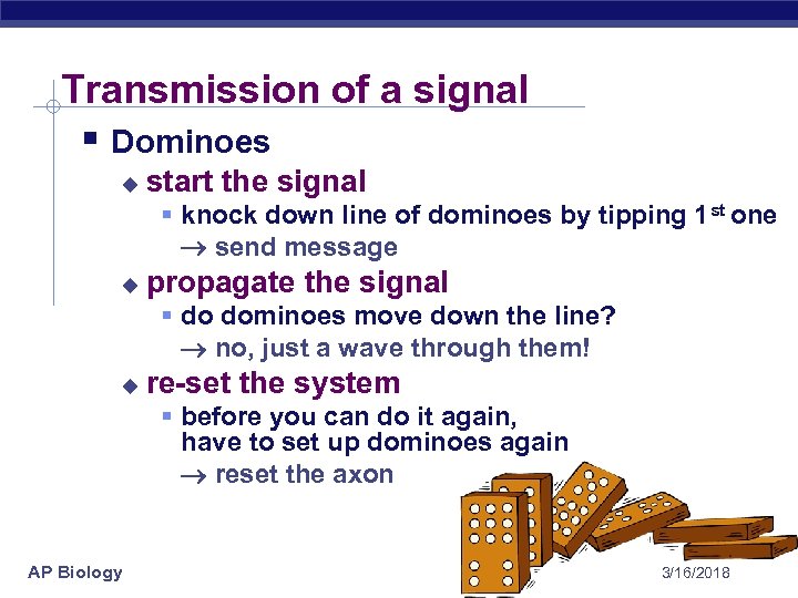 Transmission of a signal § Dominoes u start the signal § knock down line