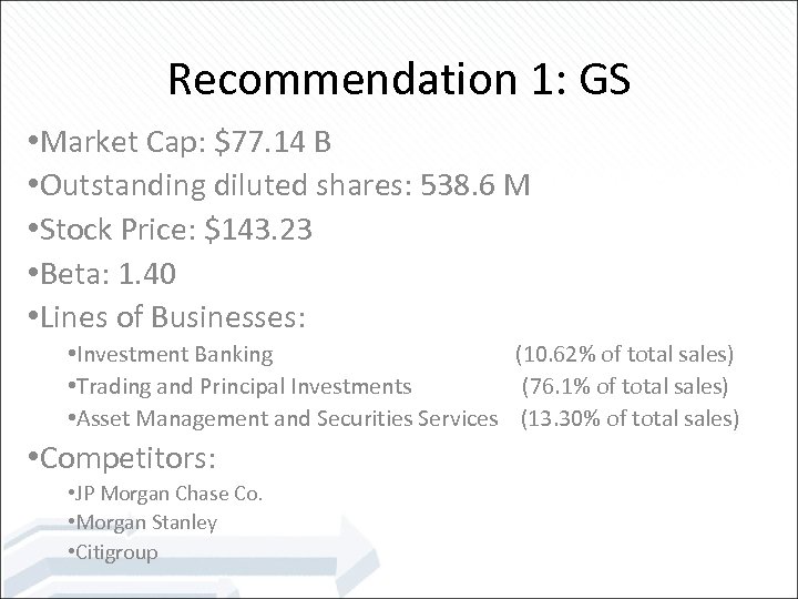 Recommendation 1: GS • Market Cap: $77. 14 B • Outstanding diluted shares: 538.