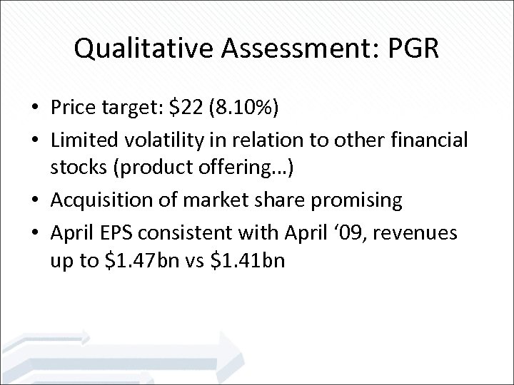Qualitative Assessment: PGR • Price target: $22 (8. 10%) • Limited volatility in relation