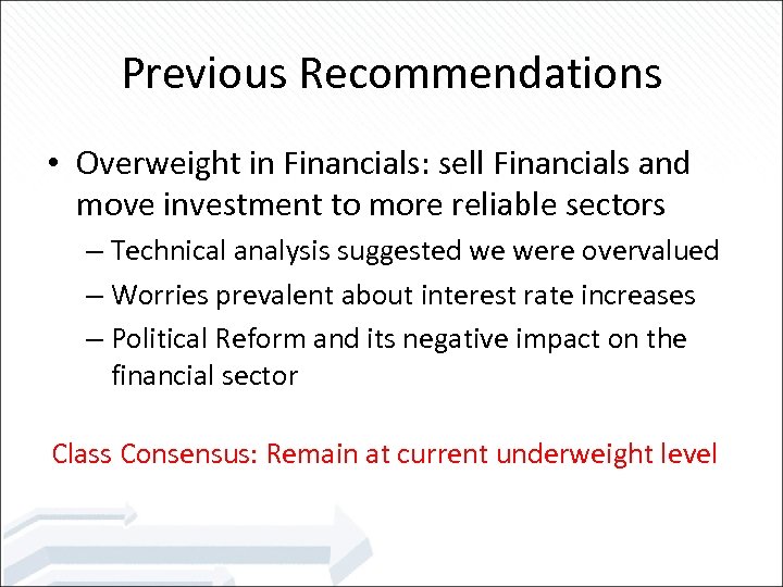 Previous Recommendations • Overweight in Financials: sell Financials and move investment to more reliable
