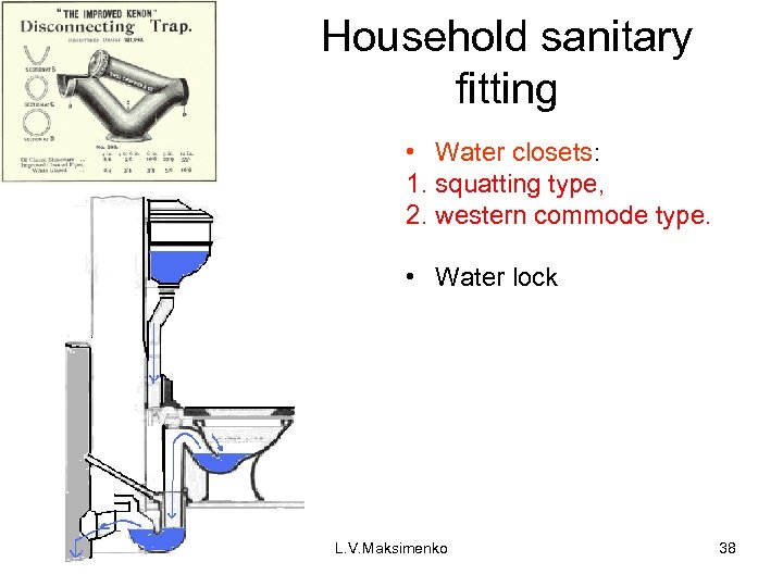 Household sanitary fitting • Water closets: 1. squatting type, 2. western commode type. •