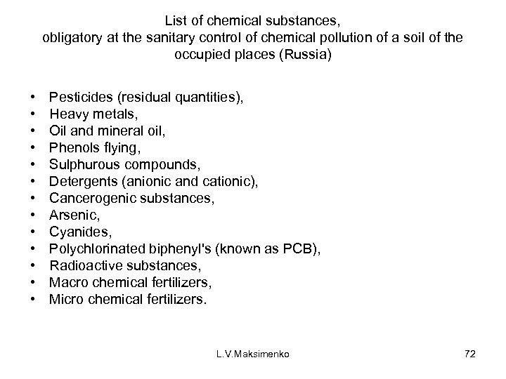 List of chemical substances, obligatory at the sanitary control of chemical pollution of a