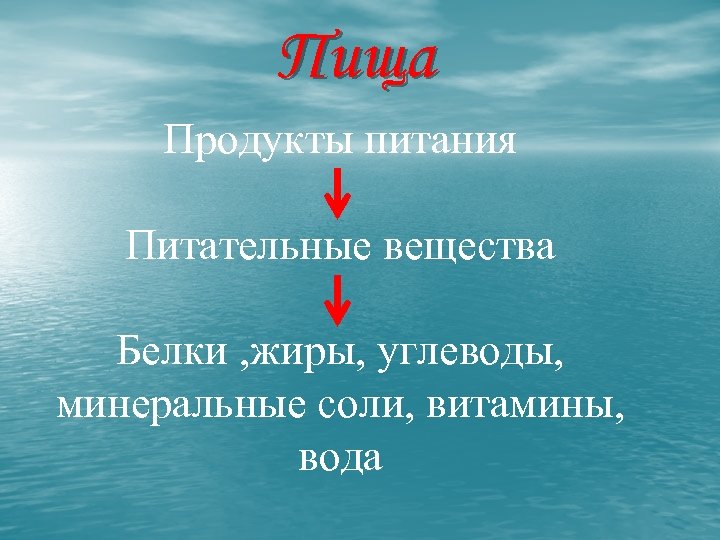 Пища Продукты питания Питательные вещества Белки , жиры, углеводы, минеральные соли, витамины, вода 