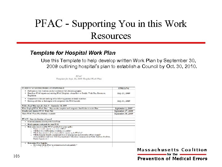 PFAC - Supporting You in this Work Resources Template for Hospital Work Plan Use