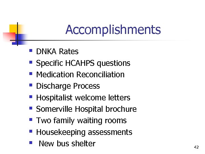 Accomplishments § § § § § DNKA Rates Specific HCAHPS questions Medication Reconciliation Discharge