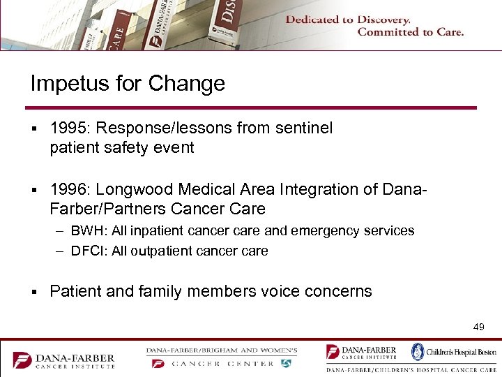 Impetus for Change § 1995: Response/lessons from sentinel patient safety event § 1996: Longwood