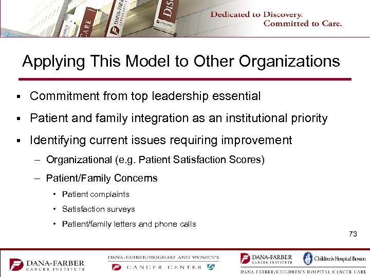 Applying This Model to Other Organizations § Commitment from top leadership essential § Patient