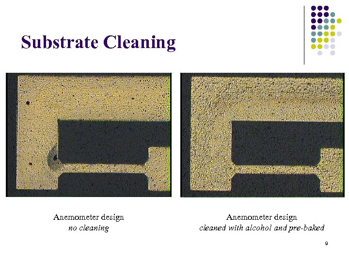 Substrate Cleaning Anemometer design no cleaning Anemometer design cleaned with alcohol and pre-baked 9